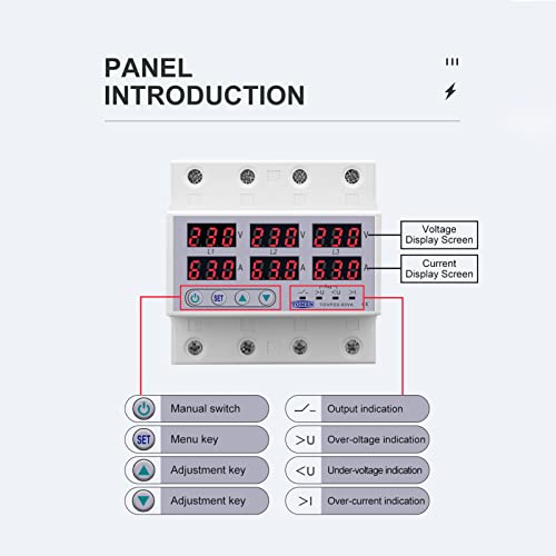 AC230-300V Trifásico Carril DIN Voltímetro Amperímetro Sobretensión Protector contra Sobrecorriente Restablecimiento Automático Pantalla Digital Voltaje Corriente Tiempo Real(63A)
