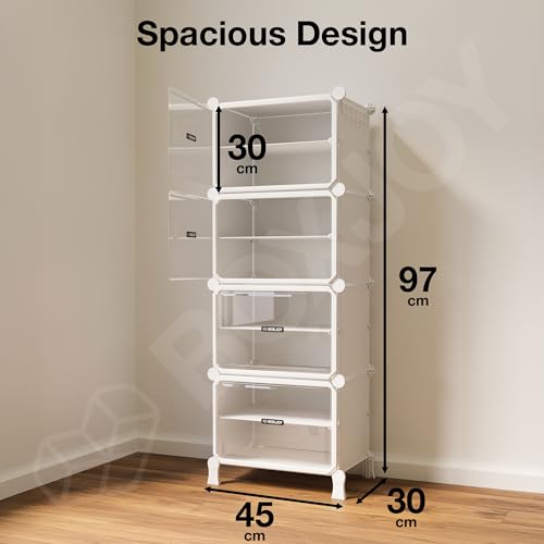 Image of BOXJOY 8 Shelf White Shoe Rack with 4 Transparent Doors, Magnets and 5 Hook Steel Holder for Home Storage Box Organizer, Hard PET Plastic with Metal Door Frame, Shoe Chappal Slipper Sandals Stand