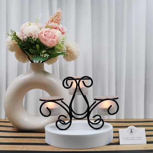 Image of HOSLEY Frosted Glass Tealight Candle Holders| Black Tealight Candle Holders with Glass Holders Perfect for Home Decor Tabletop Centerpiece| Pack of 1 with Pack of 3 Tealights