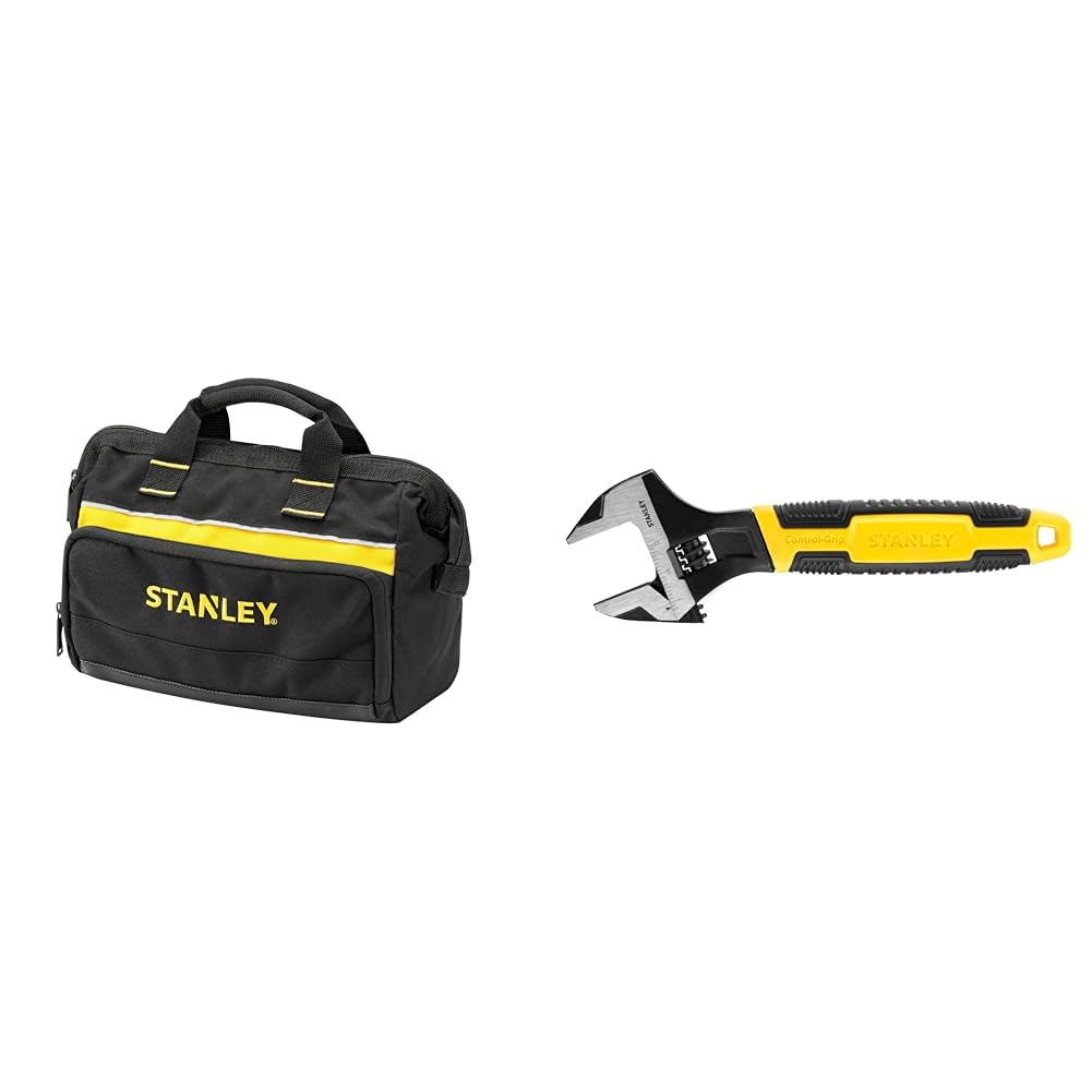 STANLEY Tool Bag 30 x 25 x 13 cm in Resistant 600 x 600 Denier with 8 Interior 2 Exterior Pockets & MAXSTEEL Adjustable Wrench 30 x 200 mm Protective Phosphate Finish and Ergonomic