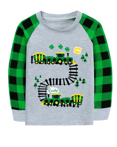 Toddler Boy Girl's St Patricks Day Outfits Cotton Shamrock Green Train Irish Tshirt Clothes Kids Green Plaid Long Sleeve Shirt Tops 4T