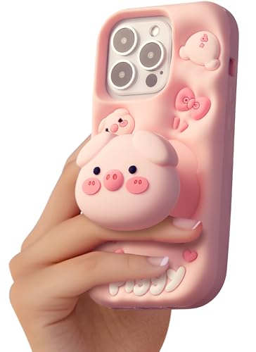 TUFTA Kawaii 3D Pig Phone Case with Stand and Grip for iPhone 16 Pro Max, Cute Cartoon Animal Phone Cover for Girls, Boys, Kids, Teens, and Womens Pink