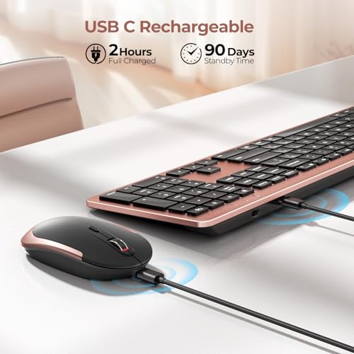 seenda Rechargeable Wireless Keyboard Mouse Combo Full Size Cordless Keyboard & Mouse Sets with Build-in Lithium Battery Ultra Thin Quiet Keyboard Mice (Rose Gold & Black)