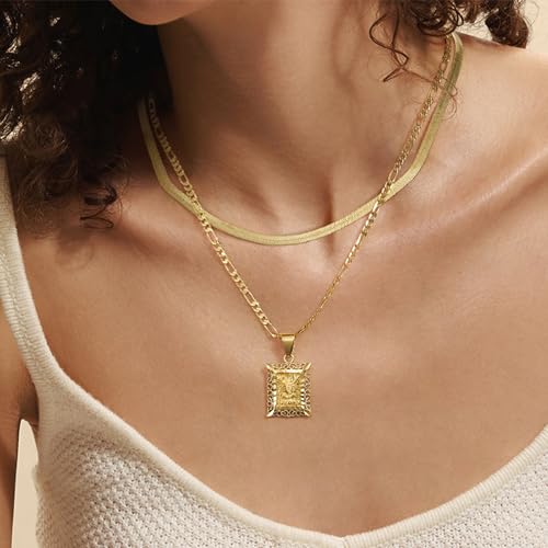 KissYan Zodiac Pendant Necklace for Women Men, 14K Gold Plated Square Constellation Sign Horoscope Figaro Chain Jewelry Birthday Gift3