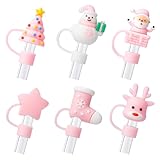 6Pcs Christmas Pink Straw Cover Cap for Stanley Cup 40oz/30oz Tumbler, 10mm Reusable Cute Drinking Straw Topper Accessories, Portable Protector Plugs Decorations Gifts for Party Christmas