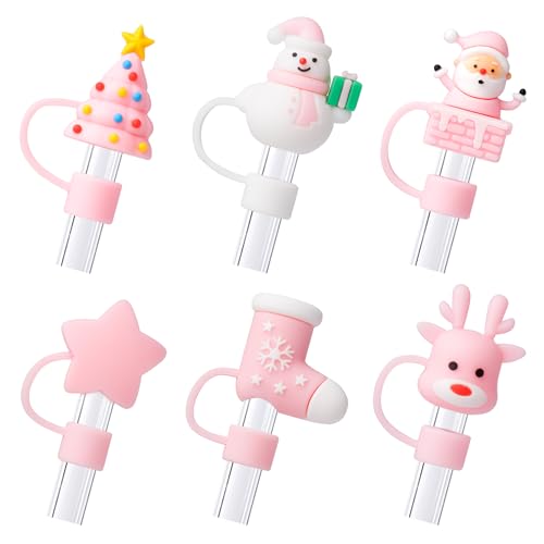 6Pcs Christmas Pink Straw Cover Cap for Stanley Cup 40oz/30oz Tumbler, 10mm Reusable Cute Drinking Straw Topper Accessories, Portable Protector Plugs Decorations Gifts for Party Christmas