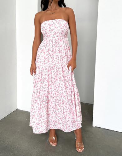 Image of Women Floral Print Maxi Tube Dress Strapless Flowy Long Bandeau Dress Y2K Open Back Sundress Summer Beachwear