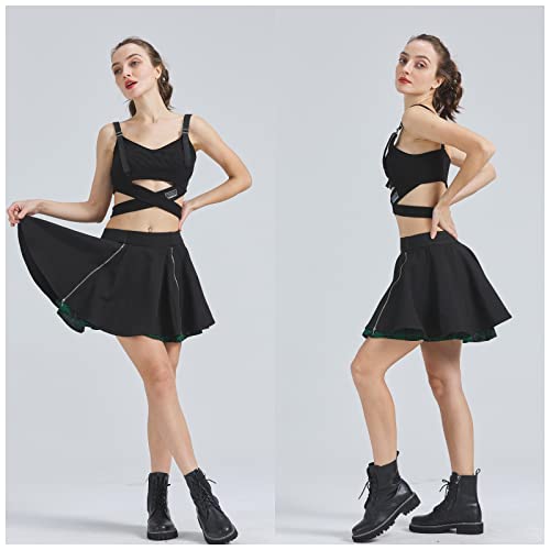 Kisidoo Women's Gothic Skirts Cute High Waisted Plaid Kilts For Women Trendy Elastic Waist Hem Flared Knee Length Mini Skirt Green #TOP3