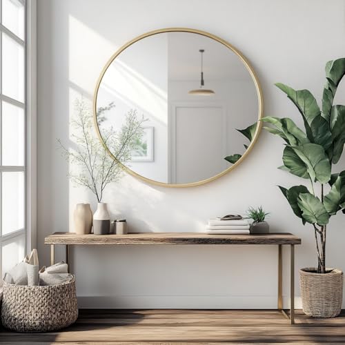 Image of Oruii Gold Round Mirror 28 inch, Large Golden Circle Mirror Metal Frame, Large Brass Circular Mirrors for Living Room, Dining Room, Entryway, Hallway, Foyer, Bathroom, Wall