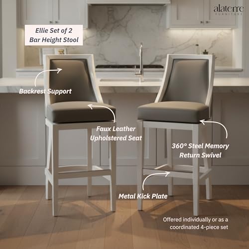 Image of Ellie Bar Height Stool Set of 2 with Backrest - Modern Kitchen & Home Bar Seating with Upholstered Seats, Rubberwood Frames, 360 Memory Return Swivel & Metal Kick Plate by Alaterre Furniture (White)
