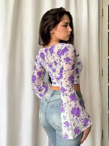 Image of Istyle Can Floral Print Slim‑Fit Crop Top with Square Neck & Bell Sleeves Casual for Women, 95 % Polyester /5 % Elastane Knit, Trendy Crop Tee for Jeans and Skirts