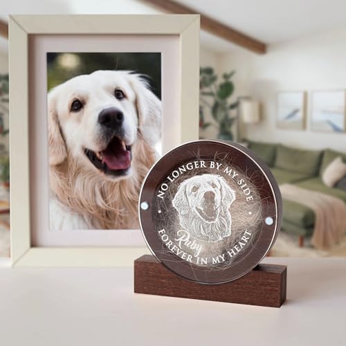 Image of Personalized Pet Hair Keepsake Box for Dog and Cat Fur - Engraved Wood Memorial Box - Unique Customized Gift for Loss of Furry Friend Wooden (Dark Round Wood /Acrylic Lid, With Photo)