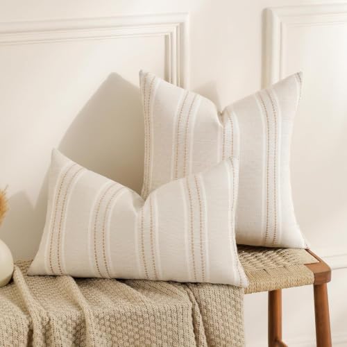 Image of Hckot Stripe Throw Pillow Covers 12x24 Lumbar Khaki Farmhouse Pillow Covers | Modern Decorative Pillows Textured Linen Cushion Covers for Sofa Couch Bed Living Room Decor