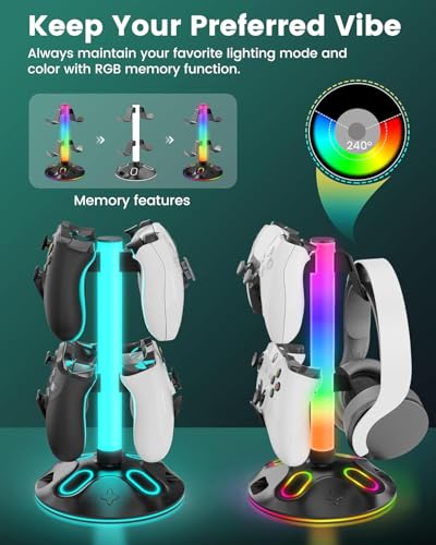 Gaming Headphone Stand - Controller Stand with 10 RGB Lights Modes - Gaming Headset Controller Holder with USB Charging and Type-C Earphone Accessories Storage PC Desk - Image 5