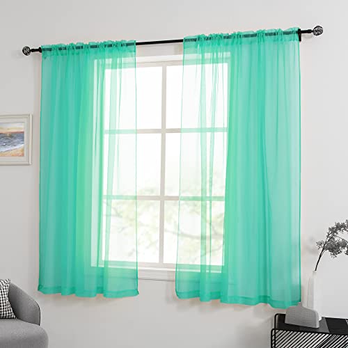 Huto Short Sheer Curtains For Small Windows Rod Pocket Turquoise Window Sheer Drapes For Kitchen Bathroom 2 Panels 52 Inches Wide By 45 Inches Long #TOP1