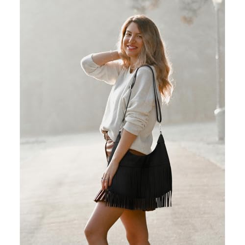 Image of Fringe Hobo Crossbody Bags for Women Cowgirl Western Crescent Purse Vegan Suede Hippie Shoulder Bag Bohemian Handbag