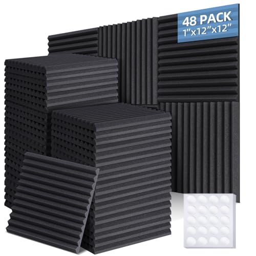Ohuhu Sound Proofing Panels 48 Pack, 1x12x12 Acoustic Foam Panels Wedges with Double Sided Tape, Fire Retardant High Density Eco-friendly Acoustic Wall Panels for Studio Office Home