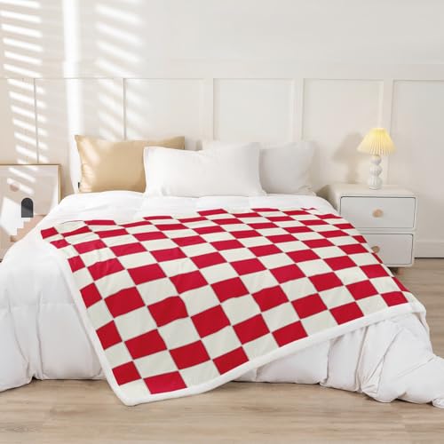 Image of Erosebridal Plaid Throw Blanket Twin 60 inchX80 inch Beige Red Checkerboard Sherpa Blanket Geometric Checkered Fleece Bed Blanket for Kids Boys Girls, Aesthetic Grid Flannel Blanket