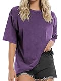 Cuptacc Camisetas Manga Corta Mujer Top Mujer Verano Algodon T Shirt Cuello Redondo Media Manga Cómoda Suelta Moda Morado L 42-44