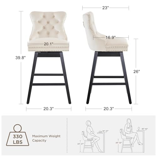 Image of Beige Swivel Bar Stools, Velvet Counter Height Bar Stools Set of 6 | 360 Swivel Bar Chairs, Solid Wood Legs, Upholstered Kitchen Island Stools, Modern Extra Wide Seat (Beige, 26 inch H, 6 Pack)