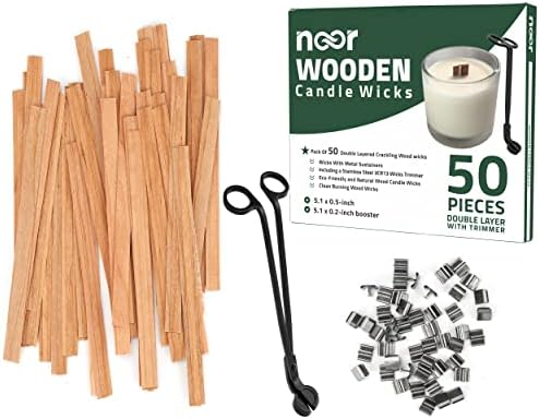 NOOR 50 Pieces Smokeless Wooden Wicks with Trimmer for Candle Making and 5.1 X 0.2 inch Booster - 5.1 X 0.5 inch Crackling Wood Wick for DIY Candles with 50pcs Metal Clips