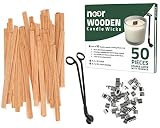 NOOR 50 Pieces Smokeless Wooden Wicks with Trimmer for Candle Making and 5.1 X 0.2 inch Booster - 5.