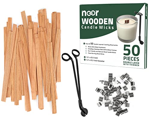 Noor 50 Pieces Smokeless Wooden Wicks With Trimmer For Candle Making And 5.1 X 0.2 Inch Booster - 5.1 X 0.5 Inch Crackling Wood Wick For Diy Candles With 50Pcs Metal Clips #TOP2