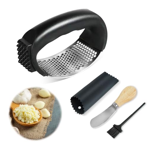Garlic Press Rocker, Heavy Duty Garlic Press Stainless Steel with Garlic Peeler Tube, Garlic Mincer Tool Garlic Crusher Chopper for Smashing Garlic, Professional Kitchen Gadget Garlic Slicer Twister