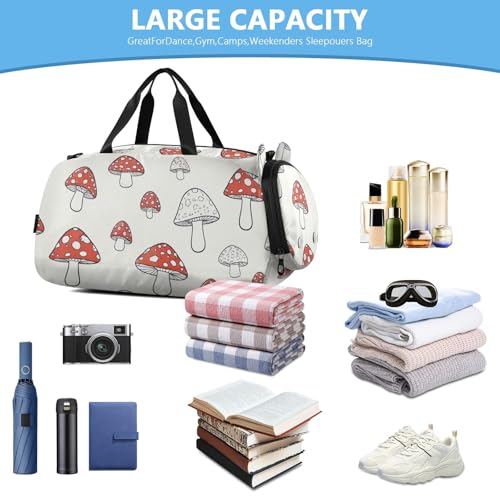 Cute Mushrooms Red White Duffle Bag for Girl, Sports Duffle Gym Bags with Shoe Compartment, Personalized Overnight Bag Travel Weekender for Kids4