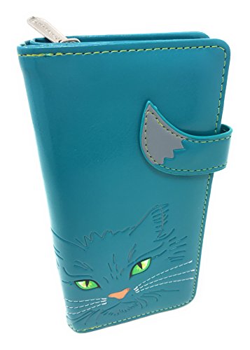 Shag Wear Fluffy Cat Green-Eyed Kitty Large Wallet for Women and Teen Girls Vegan Faux Leather Teal 7