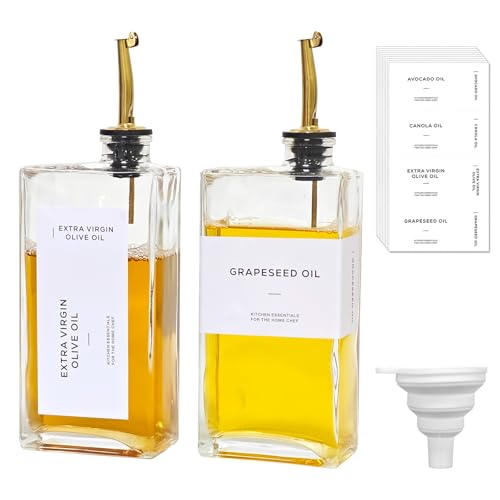 Gute 2Pcs Olive Oil Dispenser Bottles for Kitchen - 500ml Glass Oil & Coffee Syrup Dispenser Set with Weighted Drip-Free Pourer, Waterproof Labels & Silicone Funnel - Elegant Gold Cruets (16.9oz)
