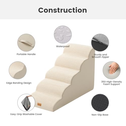 Gardner Pet Hundetreppe für kleine Hunde 58cm, Haustiertreppe Hundetreppe 5 Stufen, Hunderampe aus hochdichtem Schaumstoff mit rutschfestem wasserdichtem Stoffbezug für Bett, Sofa, Couch und Auto