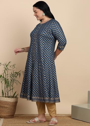 Image of Yash Gallery Women's Rayon Relaxed Fit A Line Golden Floral Printed A-Line Kurta