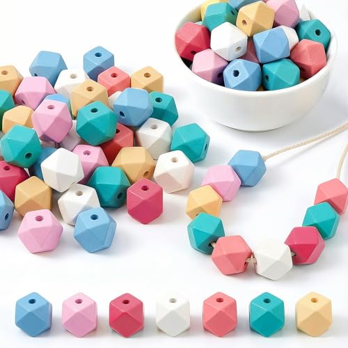 Jyvex 100 St&uuml;ck Holzperlen Bunt, 15mm Bunte Holzperlen zum Auff&auml;deln, Nat&uuml;rliche Holz Bunte Perlen 7 Farben f&uuml;r DIY Schmuck Herstellung, Dekorationen, Halskette（bunt-A）
