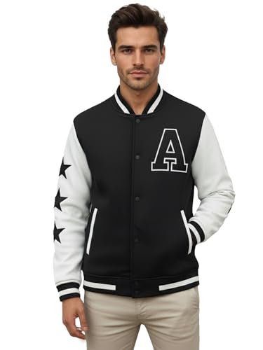 Image of CHKOKKO Men's Regular Varsity Jacket with Snap Button Closure and Patch Design Trendy Comfortable Outerwear for College Travel and Casual Wear