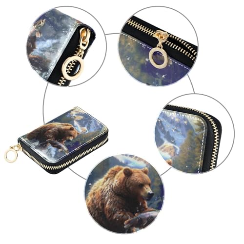 Vivid Brown Bear River Print Women Wallet Leather 9 Credit Card Slots & 2 Cash Slots Funny Travel Wallet with Zipper4