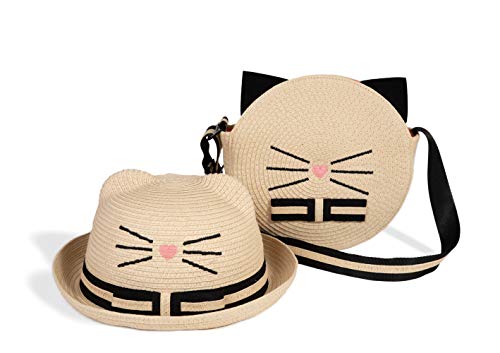 Sun Hat and Bag for Girl,Toddler Kitty Beach Hat and Bag Set, Adjustable Sunhat Beige