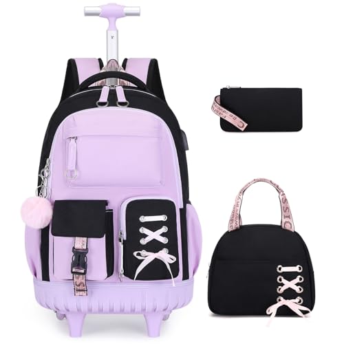 ACESAK Rolling Backpack for Girls Teens Y2K Aesthetic School Backpack Set for Daypack and Travel Wheeled Bookbag with USB Charging Port for Elementary Middle High School College Students(Purple)