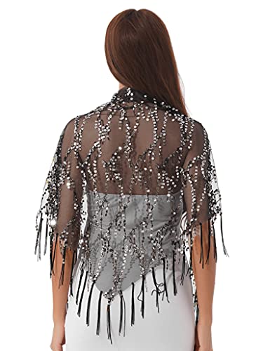 Women's Glittering 1920s Scarf Mesh Sequin Evening Wedding Wrap Cape Fringed Evening Shawl4