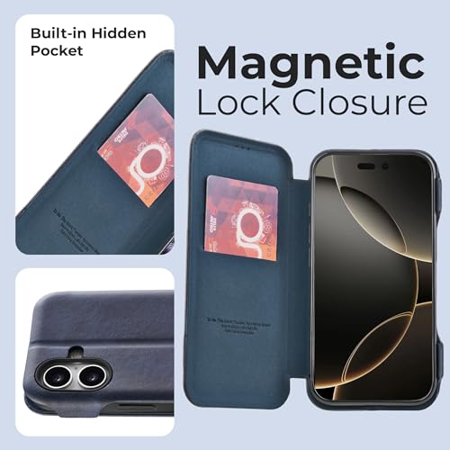 Image of PULOKA - Sleek Flip Case- Compatible for iPhone 16 Plus- Premium Vegan Leather Phone Cover with Card Slot - Slim, Durable, Privacy Protection - Kickstand Function - Elegant Flip Wallet Cases- (Blue)