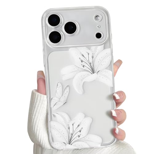 NITITOP Compatible with iPhone 17 Pro Max Case Clear Cute Flower Floral Lily Butterfly Pattern for Women Girls Transparent Full Camera Lens Soft TPU Shockproof Protective Phone Cover - White