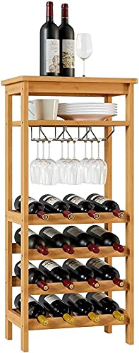 MLLXUXANCC 16 Bottle Wine Holder Wine Organiser with 6-9 Glass Holder 4 Tier 4 Tier Wine Holder Free Standing Bamboo 47X29X100Cm