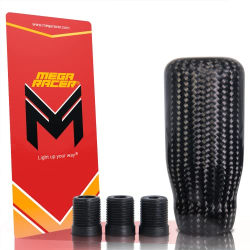 Mega Racer 7 cm Real Carbon Fiber Shift Knob - for Buttonless Automatic & 4, 5 and 6 Speed Manual Transmission Vehicles, 100% Carbon Fiber & Aluminum Alloy, Interior Automotive Replacement Parts, 1 Pc