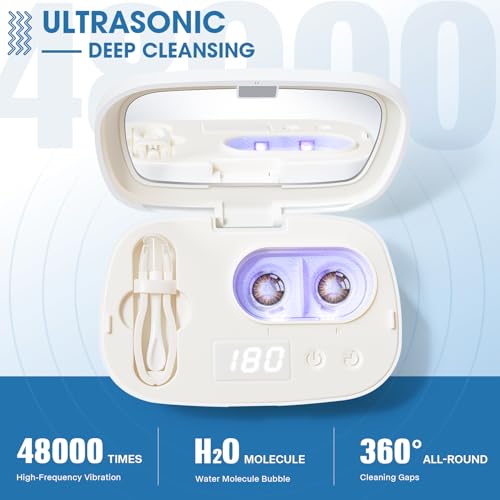 Portable Ultrasonic Contact Lens Cleaner with Blue Light,LXIANGN Rechargeable Contact Lens Cleaner Machine with 4 Timing Modes and Applicator Removal Tool Kit (White)
