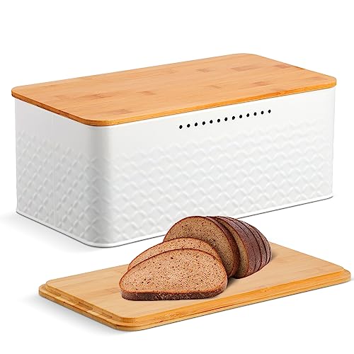 Worephu Bread Bin Bread Storage Box with Bamboo Lid, White Bread Storage Container Bin, for Kitchen Countertop Organizer (White)