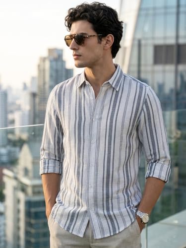 Image of Urbano Fashion Men's Cotton Full Sleeve Relaxed Fit Linen Striped Shirt with Spread Collar
