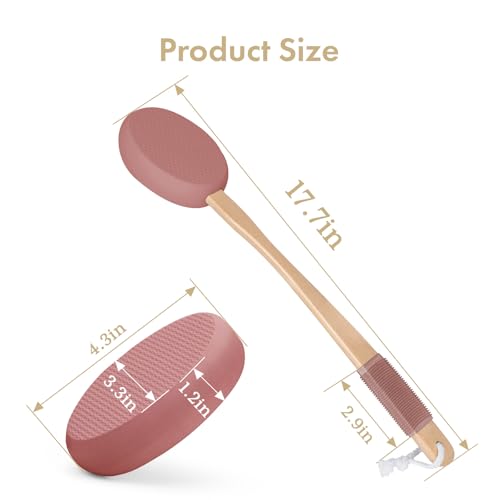 Image of AmazerBath Lotion Applicator for Back, Feet, 4 Replacement Pads with 17 inch Curved Handle, Back Sunscreen Applicator for Kids, Elderly, Women, Apply Skin Cream Medicine Moisturizer Tanner, Coffee Pink