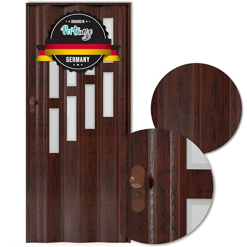 Portango Falttür Nussbaum aus Kunststoff I Innen & Außen Komplettset I Faltbare Schiebetür Kratzfest und pflegeleicht mit Fenster I anpassbare Breite der Falttüren I Modell PT-14 Mambo (Nussbaum)