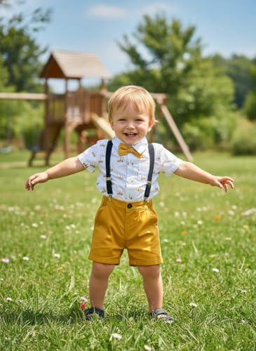 Image of Volunboy Baby Boy Formal Short Set Toddler Summer Gentleman Outfit Kid Short Sleeve Bowtie Shirt Suspender Shorts Suit