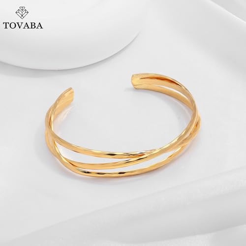 Chunky 14k Gold Cuff Bracelets for Women - Non Tarnish Teardrop Bangle Multi-layer Cross Wire Open Bracelets 6